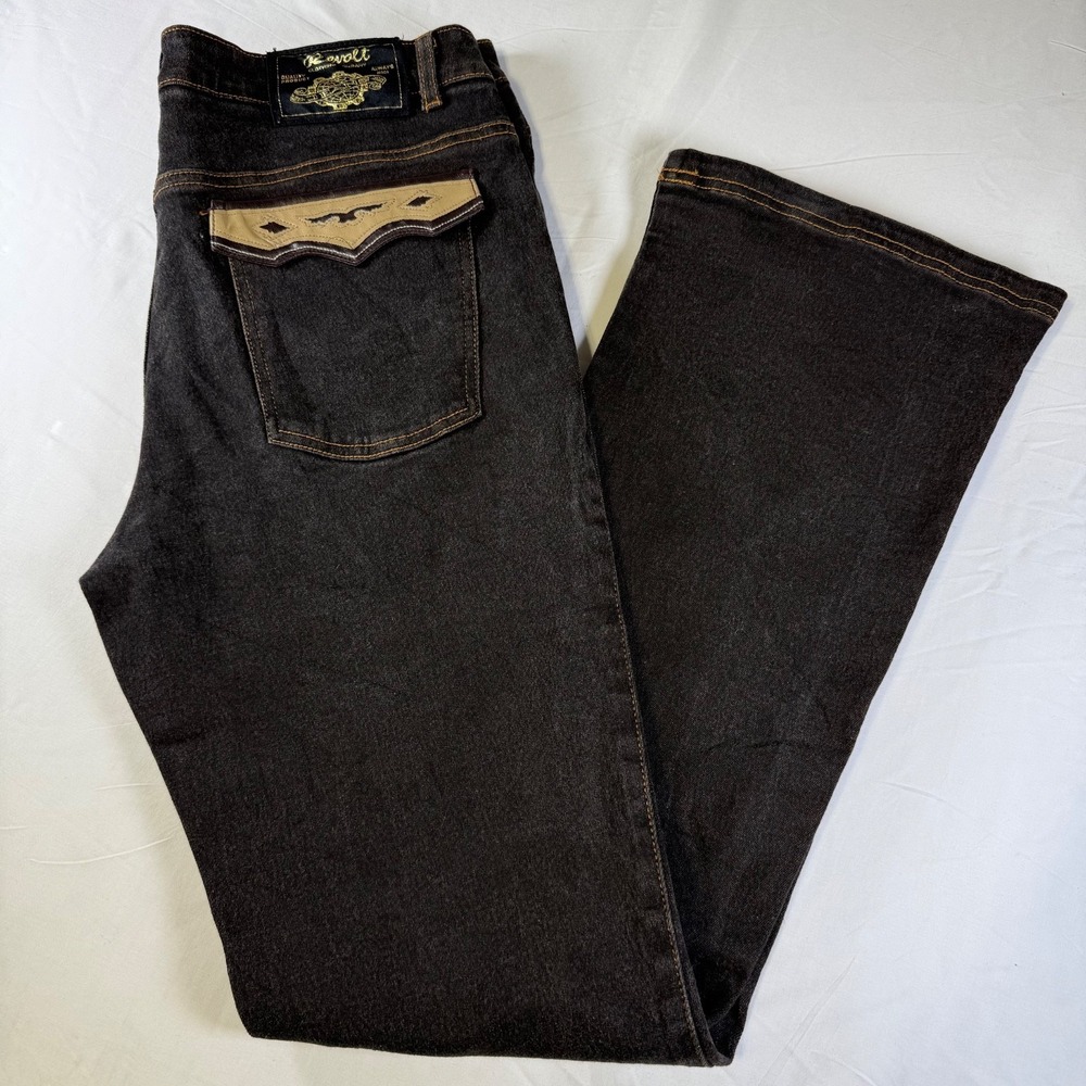 Vintage Revolt Jeans Co Y2K Flare 9.5" Leather Pocket Flaps Womens 17/18 (34X32)